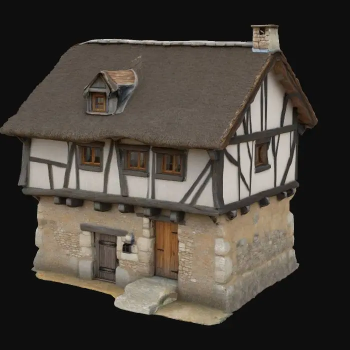 3D model for A medieval residential house made of wood and stone, timber-framed upper floor, thatched or shingled roof, small wooden windows, slightly uneven architecture, worn textures, natural weathering details, clean 3D model