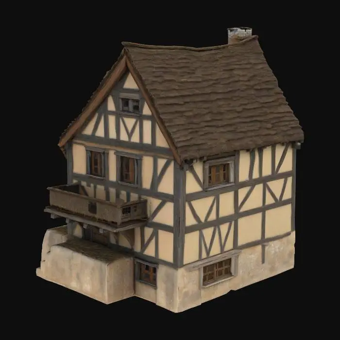 3D model for A medieval residential house made of wood and stone, timber-framed upper floor, thatched or shingled roof, small wooden windows, slightly uneven architecture, worn textures, natural weathering details, clean 3D model