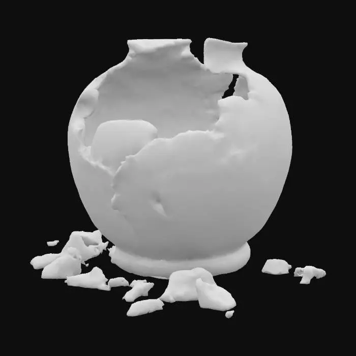 3D model for A broken ceramic vase, large visible cracks and missing pieces, shards scattered around the base, natural worn textures, handcrafted medieval-style design, muted earthy colors, realistic and rustic appearance