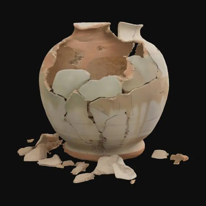 3D model for A broken ceramic vase, large visible cracks and missing pieces, shards scattered around the base, natural worn textures, handcrafted medieval-style design, muted earthy colors, realistic and rustic appearance