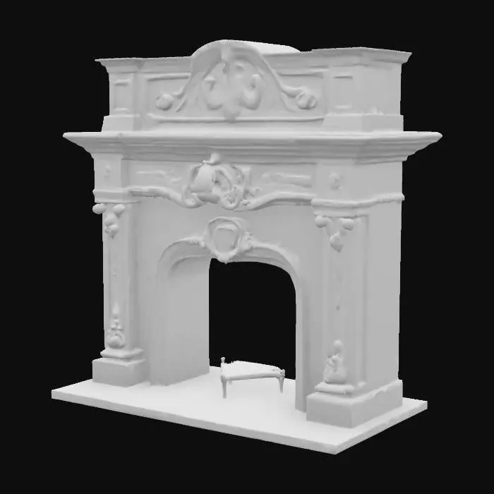 3D model for A grand vintage fireplace made of dark polished marble, intricate carved details with classical motifs, ornate wooden mantel with gold accents, baroque-style design, luxurious and imposing appearance
