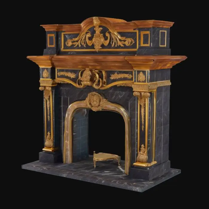 3D model for A grand vintage fireplace made of dark polished marble, intricate carved details with classical motifs, ornate wooden mantel with gold accents, baroque-style design, luxurious and imposing appearance