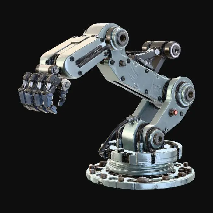 3D model for large industrial robotic arm, cyberpunk design, metallic joints, hydraulics, neon accent lines, claw-like manipulator, mechanical pistons, rotating base