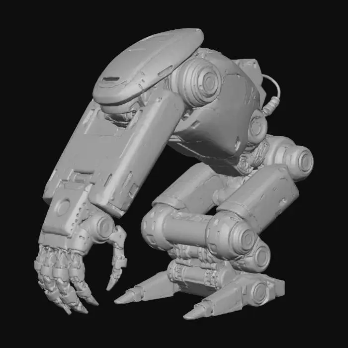 3D model for large industrial robotic arm, cyberpunk design, metallic joints, hydraulics, neon accent lines, claw-like manipulator, mechanical pistons, rotating base