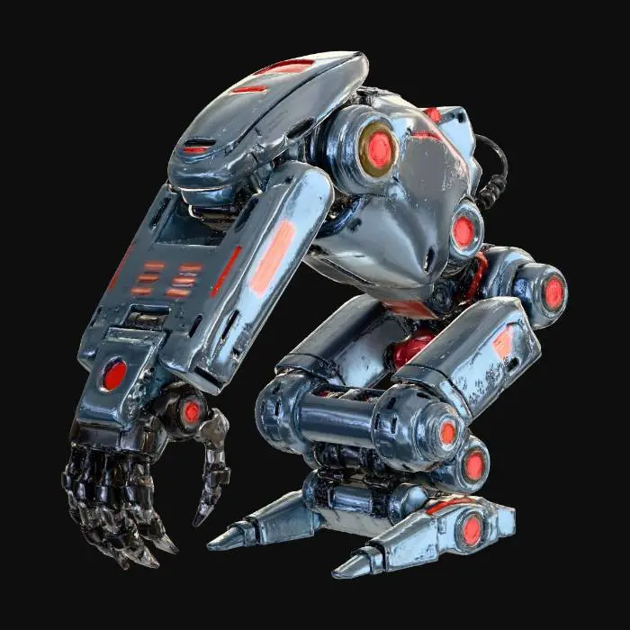 3D model for large industrial robotic arm, cyberpunk design, metallic joints, hydraulics, neon accent lines, claw-like manipulator, mechanical pistons, rotating base