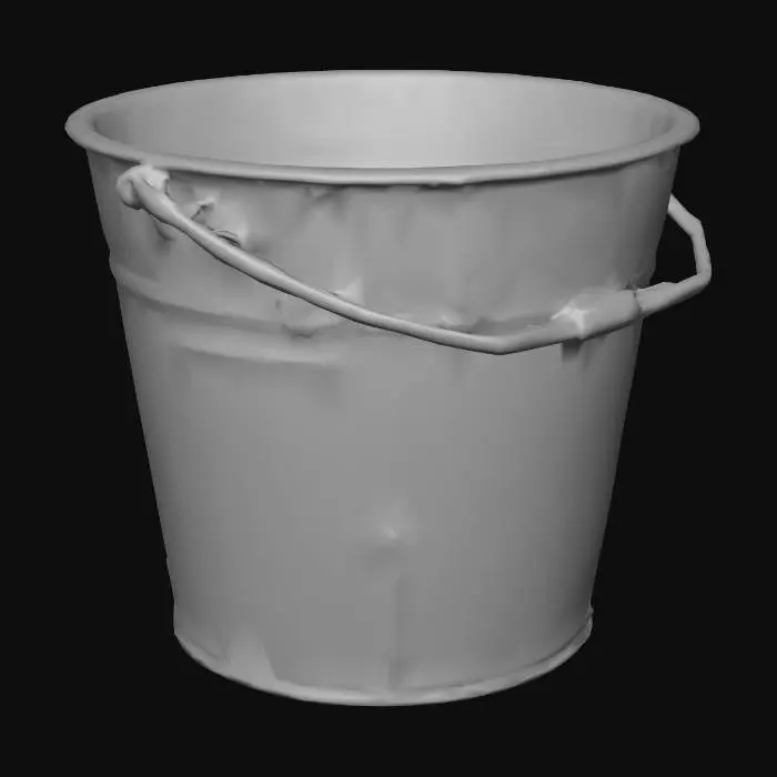 3D model for metal bucket with a smooth cylindrical body, rounded bottom edge, and a thin curved handle attached on both sides, slightly used surface with subtle scratches and dents for realism