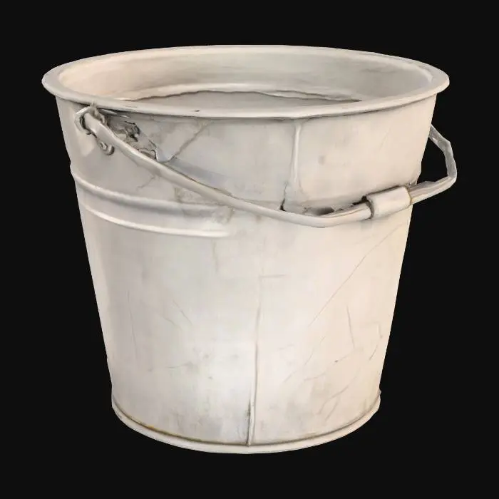 3D model for metal bucket with a smooth cylindrical body, rounded bottom edge, and a thin curved handle attached on both sides, slightly used surface with subtle scratches and dents for realism
