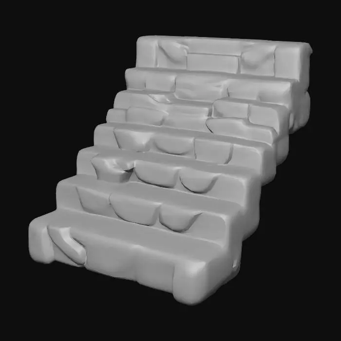 3D model for Stone staircase made of uneven, chunky stone blocks, each step slightly offset and irregular.
Rounded edges, worn and weathered surfaces, visible cracks.
Subtle moss growing between the stones and along crevices.
Medieval / ancient style, handcrafted look.