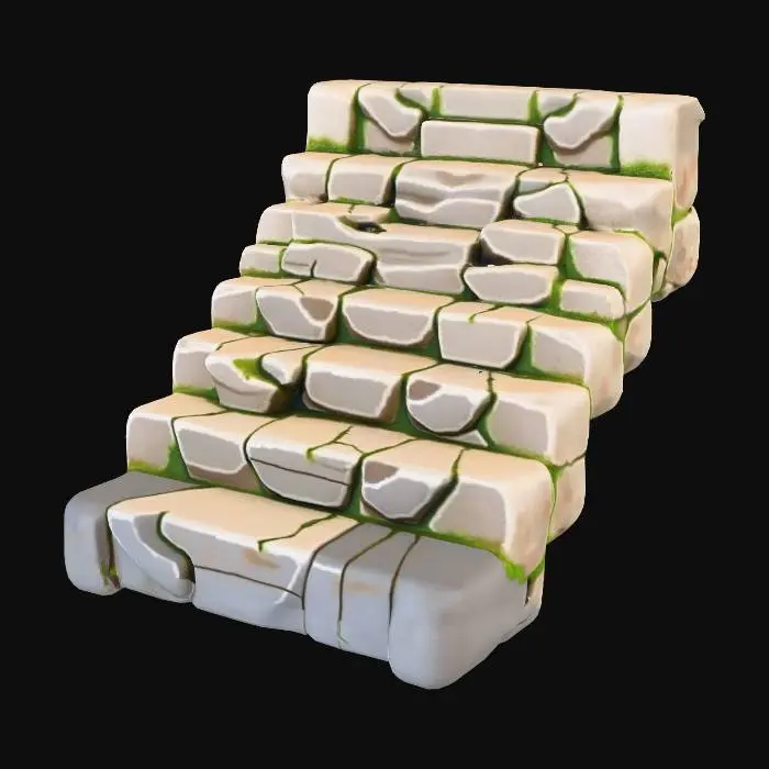 3D model for Stone staircase made of uneven, chunky stone blocks, each step slightly offset and irregular.
Rounded edges, worn and weathered surfaces, visible cracks.
Subtle moss growing between the stones and along crevices.
Medieval / ancient style, handcrafted look.