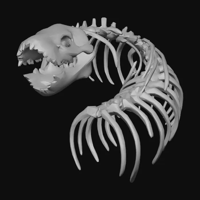 3D model for Sandworm skeleton consisting only of the rib cage and skull, elongated curved spine implied by rib alignment, large arched ribs forming a tunnel-like structure, massive skull and worn bone texture, no flesh, no skin, no spine segments beyond ribs, ancient and eroded look, asymmetrical broken bones, readable silhouette, single standalone skeletal structure, suitable for desert environment, game-ready 3D asset, no scene, no lighting, no effects