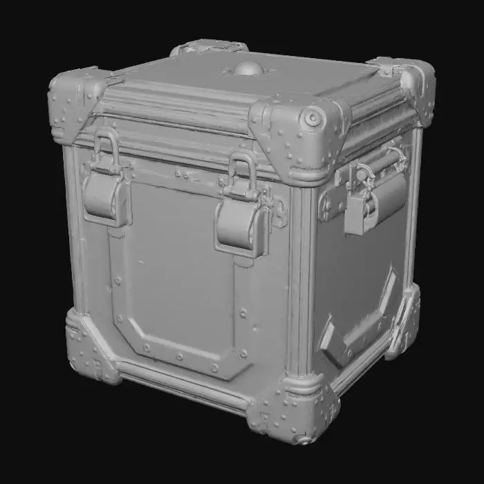 3D model for cyberpunk storage crate, metallic container, neon accent edges, panel seams, mechanical locks, reinforced corners