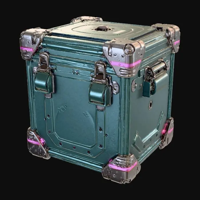 3D model for cyberpunk storage crate, metallic container, neon accent edges, panel seams, mechanical locks, reinforced corners