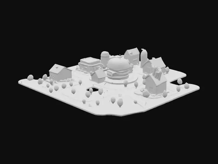 3D model for Create a low-poly city where houses are shaped like hamburgers, pizzas, and French fries, all connected with highways. 
Keep the polygon count under 65,000 per mesh (65k limit). 
Export the final model in .OBJ format.