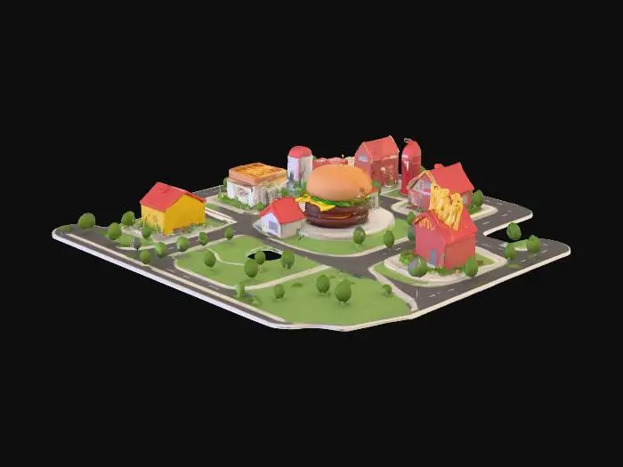 3D model for Create a low-poly city where houses are shaped like hamburgers, pizzas, and French fries, all connected with highways. 
Keep the polygon count under 65,000 per mesh (65k limit). 
Export the final model in .OBJ format.