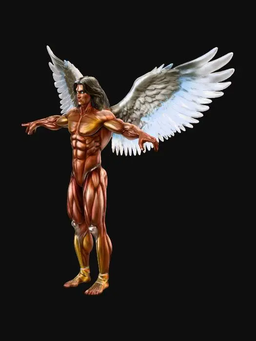 3D model for A hyper-detailed 3D model of a muscular male figure with exposed reddish-brown muscles and yellowish tendons. He has long, flowing silver hair and piercing, glowing blue eyes. Large, pristine white feathered wings are spread wide, casting a soft ethereal glow. The figure stands heroically on a dark surface, dramatically lit by an overhead spotlight, creating strong contrasts and emphasizing his powerful, anatomical form.