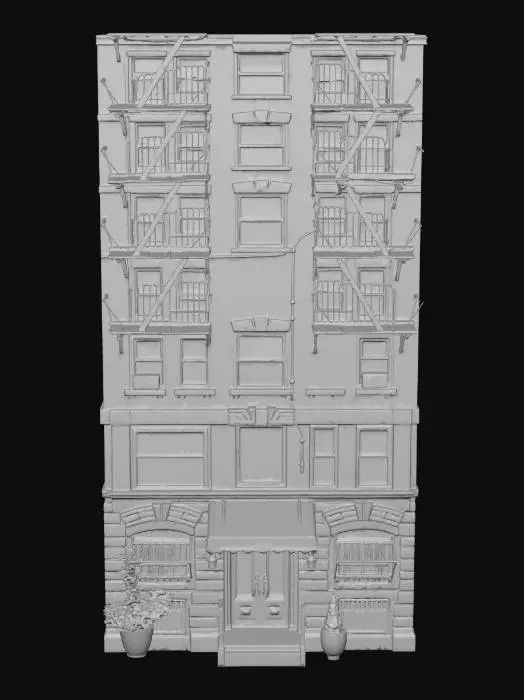 3D model for A high-fidelity 3D model of an 8-story Upper West Side apartment building. The architecture features red brick and limestone trim. Logic: All upper-floor exterior doors are connected to detailed black iron fire escapes. The model includes a main lobby entrance, a rear alley entrance, and side service doors. Interior: 8 floors of walkable hallways. Each floor has apartments numbered 1-6 (e.g., 101, 102). Each apartment interior is divided into a living room, a kitchenette, bedroom and a bathroom. Technical: PBR textures, optimized for Unreal Engine 5, 4k textures, modular interior walls."

Architecture Requirements: > * Entrances: One grand main front entrance with a green canvas awning, one functional rear service entrance, and two side entrances.

Circulation: Visible internal staircases