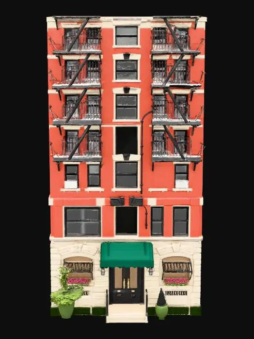3D model for A high-fidelity 3D model of an 8-story Upper West Side apartment building. The architecture features red brick and limestone trim. Logic: All upper-floor exterior doors are connected to detailed black iron fire escapes. The model includes a main lobby entrance, a rear alley entrance, and side service doors. Interior: 8 floors of walkable hallways. Each floor has apartments numbered 1-6 (e.g., 101, 102). Each apartment interior is divided into a living room, a kitchenette, bedroom and a bathroom. Technical: PBR textures, optimized for Unreal Engine 5, 4k textures, modular interior walls."

Architecture Requirements: > * Entrances: One grand main front entrance with a green canvas awning, one functional rear service entrance, and two side entrances.

Circulation: Visible internal staircases