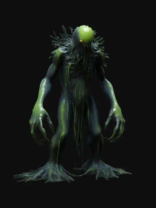 3D model for "A dark, sludge-like creature designed for a mystical fantasy world. The creature is made of shadowy, oozing slime that drips and pools around its body. It stands upright in a A-pose with elongated, slender limbs and clawed hands, giving it a haunting, otherworldly appearance. Its face is featureless except for glowing eyes that pierce through the darkness. The body is amorphous, constantly shifting and flowing as if made of living tar. Its surface is glossy and wet, reflecting light in eerie