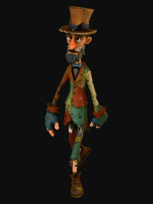 3D model for A lanky circus ringmaster character, same tall body type as an evil clown, but kinder and weary. He has a faded, battered top hat with no hanging elements, patched and scuffed. His face has a gentle, tired smile, kind eyes (soft brown/blue), and a scruffy, uneven beard with gray streaks. His clothes are rag-tag patchwork in muted, faded tones (browns, tans, dull reds, washed-out blues), stitched sloppily with large patches. Oversized shoes with holes in the toes, mismatched socks, and fingerless gloves. The overall look is humble, ragged, and down-on-his-luck, but approachable and human. Full body character render, neutral background, game-ready stylized 3D character, clean A-pose.