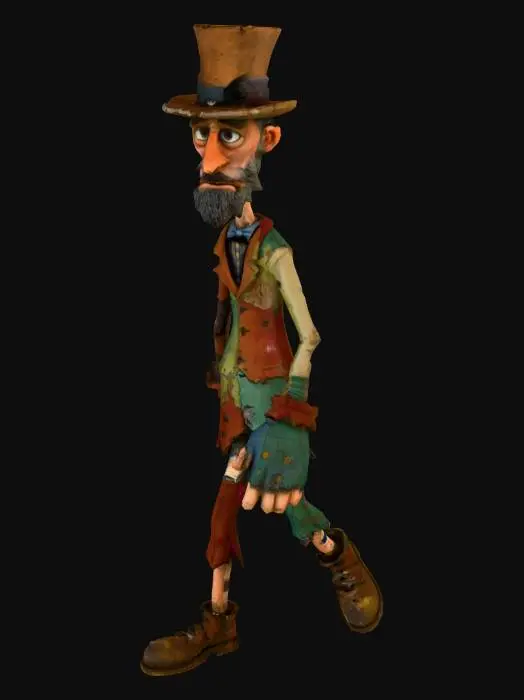 3D model for A lanky circus ringmaster character, same tall body type as an evil clown, but kinder and weary. He has a faded, battered top hat with no hanging elements, patched and scuffed. His face has a gentle, tired smile, kind eyes (soft brown/blue), and a scruffy, uneven beard with gray streaks. His clothes are rag-tag patchwork in muted, faded tones (browns, tans, dull reds, washed-out blues), stitched sloppily with large patches. Oversized shoes with holes in the toes, mismatched socks, and fingerless gloves. The overall look is humble, ragged, and down-on-his-luck, but approachable and human. Full body character render, neutral background, game-ready stylized 3D character, clean A-pose.