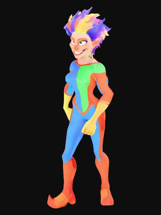 3D model for Pixar-style female clown character in A-pose, wearing a tight unitard that emphasizes athletic build. She has short, spiky hair and glowing white eyes. Her fists are clenched, and she wears a wide, menacing grin that shows her slightly unhinged personality. She looks like a deranged, middle-aged mom who exercises obsessively—muscular but wiry, with a slightly crazy vibe. Add exaggerated Pixar-like proportions with expressive facial features, smooth shading, and vibrant colors. Full body, front-facing, clean render, neutral background.