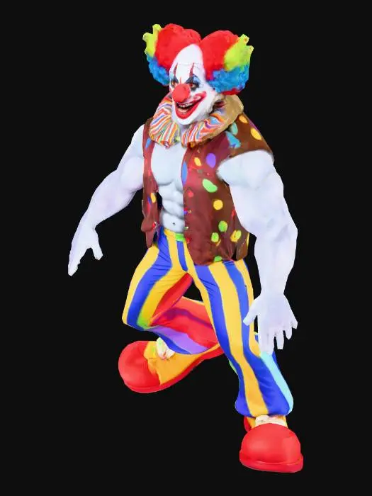 3D model for Make this a more fun A-Pose with Pixar-like styling for a reference image to create a 3D model of here on Meshy. Model has to be standing straight up - and make this character more of a clown with clothes and makeup too (keep the vest and no t shirt though