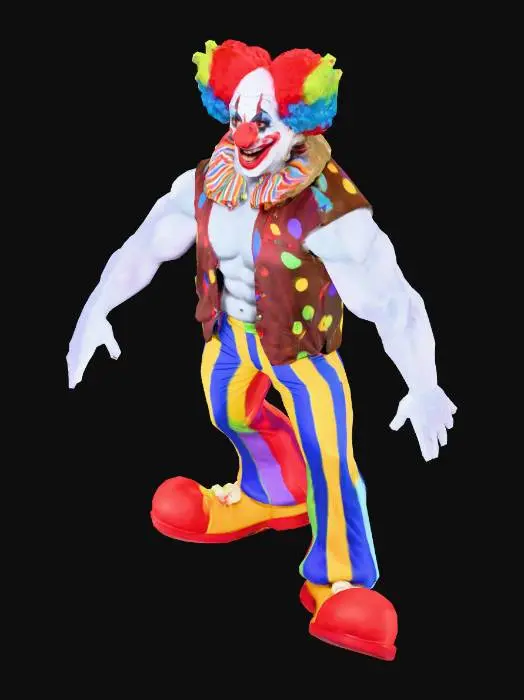3D model for Make this a more fun A-Pose with Pixar-like styling for a reference image to create a 3D model of here on Meshy. Model has to be standing straight up - and make this character more of a clown with clothes and makeup too (keep the vest and no t shirt though