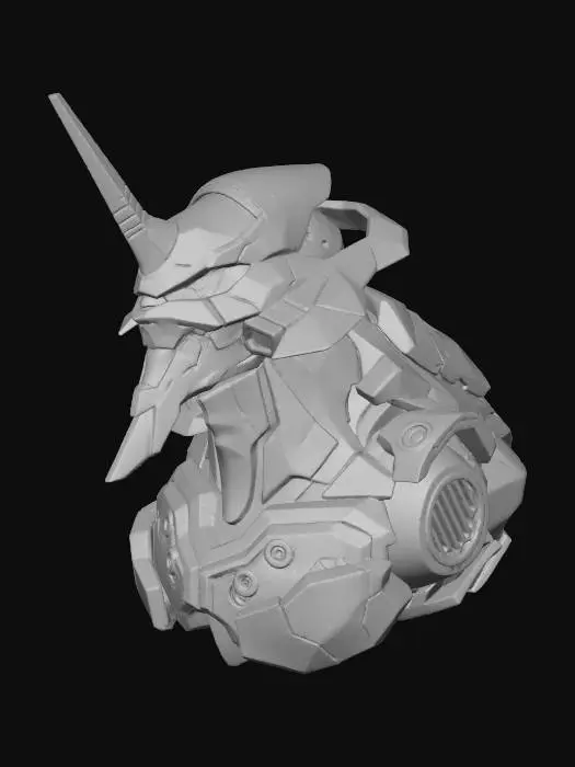 3D model for The object features a complex, angular robotic design with sharp edges and vivid colors, incorporating a textured metallic surface with striking orange, purple, and green hues.