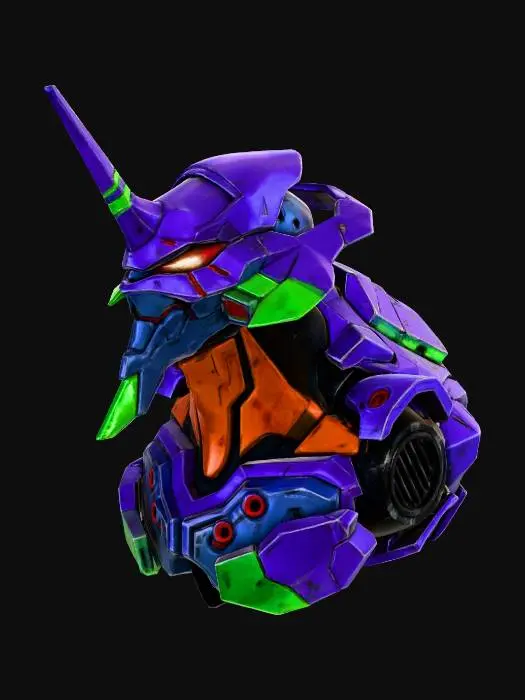 3D model for The object features a complex, angular robotic design with sharp edges and vivid colors, incorporating a textured metallic surface with striking orange, purple, and green hues.