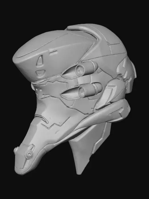 3D model for The object features a sleek, angular, and robotic design with a glossy, metallic texture and vivid red coloring.