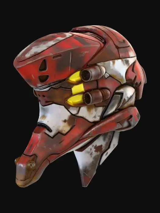 3D model for The object features a sleek, angular, and robotic design with a glossy, metallic texture and vivid red coloring.