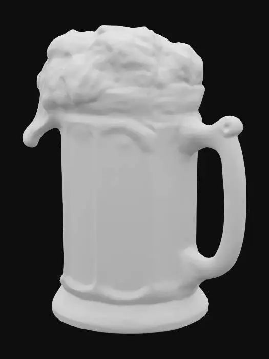 3D model for Create a 3D printable mesh of a stylized beer mug inspired by The Simpsons universe. The mug should feature exaggerated cartoon proportions, with a wide, chunky handle and a slightly bulbous body. Add a frothy foam spill over the top, in a whimsical, animated style. The material should resemble bright yellow ceramic, and the foam should appear glossy white. The design should include minimal texturing, smooth surfaces, and clean lines to match the show's flat, colorful aesthetic. Include subtle nods to Moe’s Tavern, such as a small engraved "M" near the base. Suitable for stylized rendering and 3D printing.

