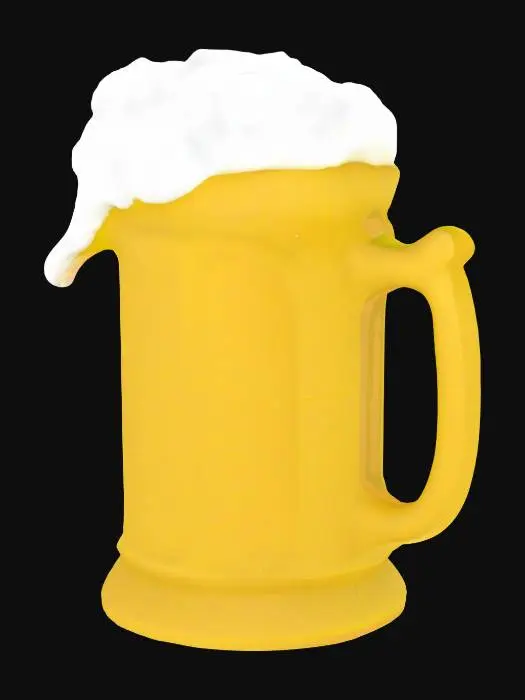 3D model for Create a 3D printable mesh of a stylized beer mug inspired by The Simpsons universe. The mug should feature exaggerated cartoon proportions, with a wide, chunky handle and a slightly bulbous body. Add a frothy foam spill over the top, in a whimsical, animated style. The material should resemble bright yellow ceramic, and the foam should appear glossy white. The design should include minimal texturing, smooth surfaces, and clean lines to match the show's flat, colorful aesthetic. Include subtle nods to Moe’s Tavern, such as a small engraved "M" near the base. Suitable for stylized rendering and 3D printing.


