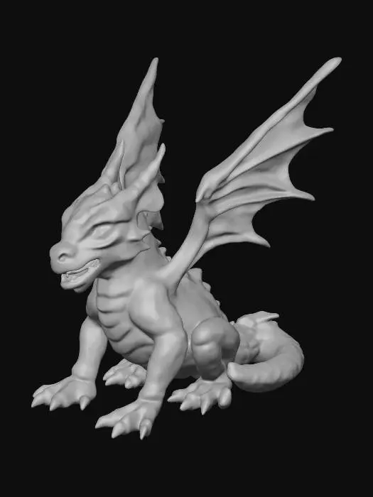 3D model for A menacing red dragon wyrmling statue, intricately carved from stone with a weathered, textured surface. Its compact, reptilian form features finely detailed scales, sharp horns, and partially unfurled bat-like wings. The wyrmling is depicted in an aggressive stance, head held high with a snarling expression, revealing tiny fangs. The material's deep, charcoal grey is subtly infused with rusty reddish-brown undertones, giving it an ancient, foreboding aura. The slight cracks here and there indicate the stone has shifted at some point in the past.