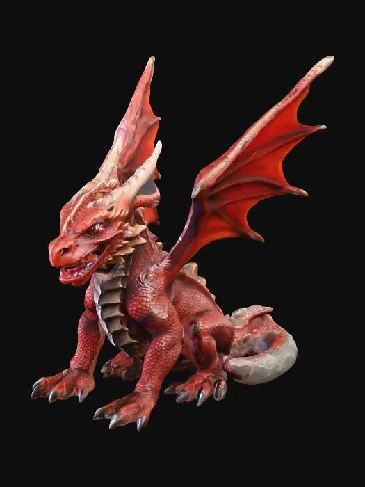3D model for A menacing red dragon wyrmling statue, intricately carved from stone with a weathered, textured surface. Its compact, reptilian form features finely detailed scales, sharp horns, and partially unfurled bat-like wings. The wyrmling is depicted in an aggressive stance, head held high with a snarling expression, revealing tiny fangs. The material's deep, charcoal grey is subtly infused with rusty reddish-brown undertones, giving it an ancient, foreboding aura. The slight cracks here and there indicate the stone has shifted at some point in the past.