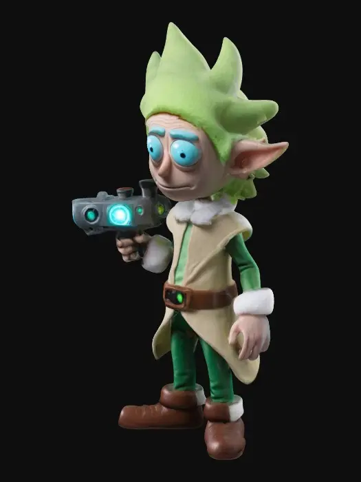 3D model for an elf but styled like rick from rick and Morty with a portal gun, #ChristmasAdventure#