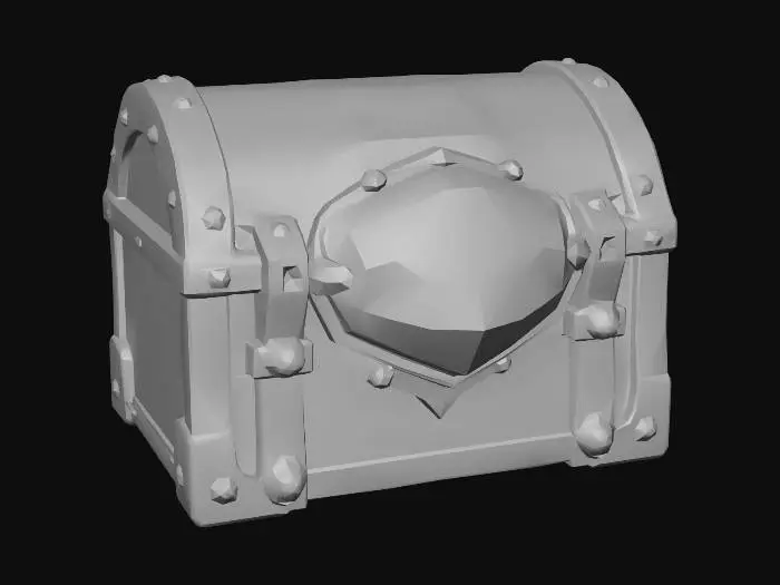 3D model for Stylized fantasy treasure chest, chunky dark wood planks, thick curved gold metal bands, large glowing blue gemstone embedded in the lock, hand-painted texture style, vibrant colors, low-poly, clean beveled edges, game-ready, 8k-10k triangles