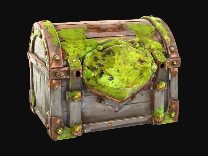 3D model for Stylized fantasy treasure chest, chunky dark wood planks, thick curved gold metal bands, large glowing blue gemstone embedded in the lock, hand-painted texture style, vibrant colors, low-poly, clean beveled edges, game-ready, 8k-10k triangles