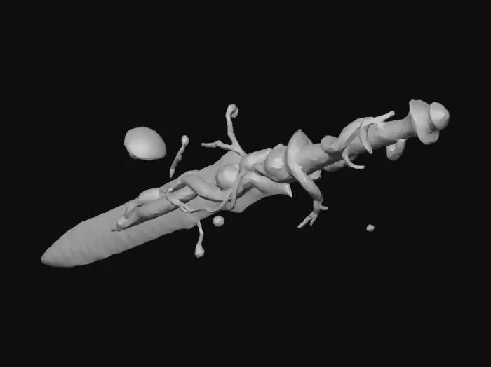 3D model for "Болотный меч, переплетенный лозой, с мхом и грибами, светящиеся зеленые руны на клинке, ручка из ветвей, драгоценные камни в виде светящихся зеленых сфер на рукояти, капли росы, туманная болотная обстановка на заднем плане, фэнтези, реалистичная детализация, 8k, кинематографическое освещение, объемный свет."