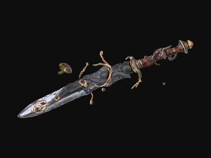 3D model for "Болотный меч, переплетенный лозой, с мхом и грибами, светящиеся зеленые руны на клинке, ручка из ветвей, драгоценные камни в виде светящихся зеленых сфер на рукояти, капли росы, туманная болотная обстановка на заднем плане, фэнтези, реалистичная детализация, 8k, кинематографическое освещение, объемный свет."
