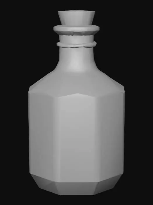 3D model for Низкополигональное болотное ведьмино зелье. Приземистая бутылка из тёмного матового стекла с грубой деревянной пробкой. Внутри мутная, грязно-зелёная жидкость с редкими пузырьками. На бутылке еле заметная, порванная этикетка с нечётким символом. Поверхность гладкая, но выглядит состаренной, с угловатыми краями.