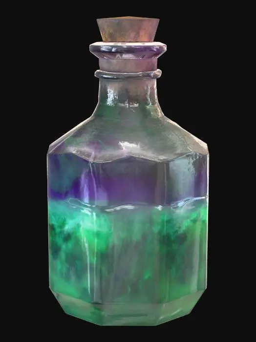 3D model for Низкополигональное болотное ведьмино зелье. Приземистая бутылка из тёмного матового стекла с грубой деревянной пробкой. Внутри мутная, грязно-зелёная жидкость с редкими пузырьками. На бутылке еле заметная, порванная этикетка с нечётким символом. Поверхность гладкая, но выглядит состаренной, с угловатыми краями.