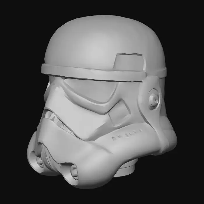 3D model for 3D-модель шлема штурмовика Первого Ордена. Гладкий белый глянцевый пластик с черными матовыми вставками и затемненным визором. Обтекаемая форма с характерными вентиляционными решетками и деталями микрофона. Материал поверхности чистый, без царапин, с легким отражением. Равномерное освещение, демонстрирующее контраст белых и черных элементов.