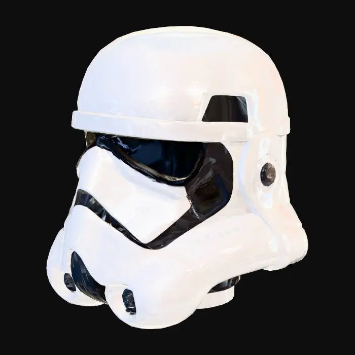 3D model for 3D-модель шлема штурмовика Первого Ордена. Гладкий белый глянцевый пластик с черными матовыми вставками и затемненным визором. Обтекаемая форма с характерными вентиляционными решетками и деталями микрофона. Материал поверхности чистый, без царапин, с легким отражением. Равномерное освещение, демонстрирующее контраст белых и черных элементов.
