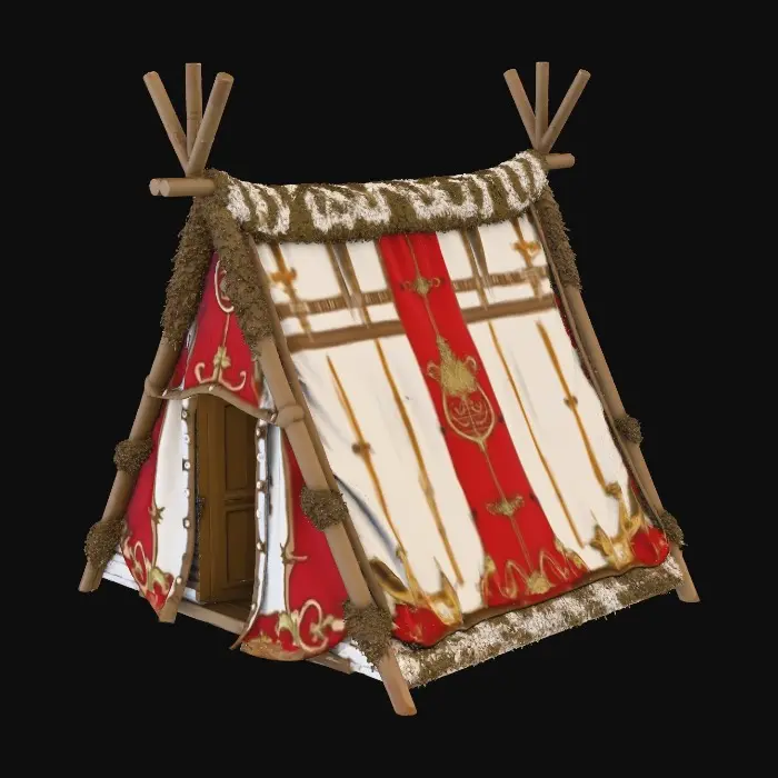 3D model for A medieval military style tent to represent the bivouac / encampment of a troop deployed to enforce the needs of a nearby wood and stone fortress.