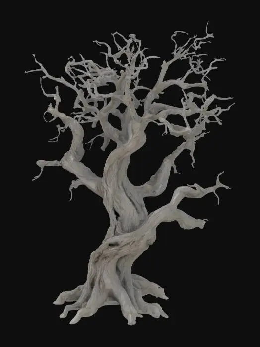 3D model for uma arvore antiga e sem folhas com alguns galhos torcidos e alguns quebrados em um estilo realista