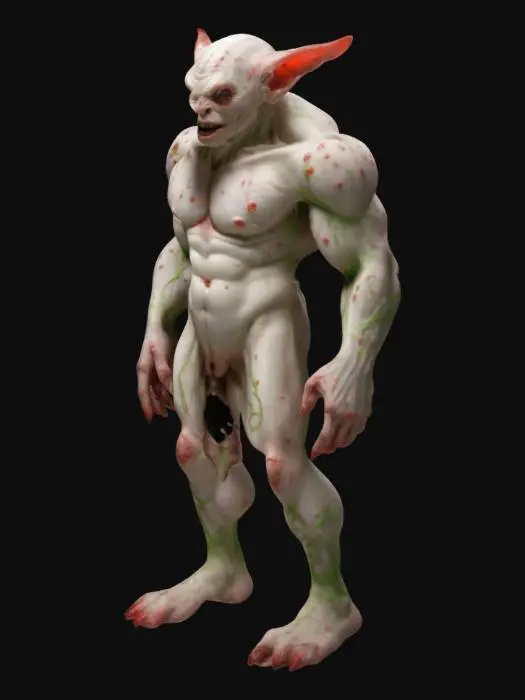 3D model for An albino goblin figure with a satanic tattoo, tall, muscular, well-developed abdominal muscles, long legs, a big butt, and big breasts. It has multiple spindly limbs, veins glowing red, and a terrifying yet delicate white surface decorated with many round holes that glow green. It is covered with scars, rich in details, and has well-developed muscles all over its body. It has a fantasy design and an A-position pose.