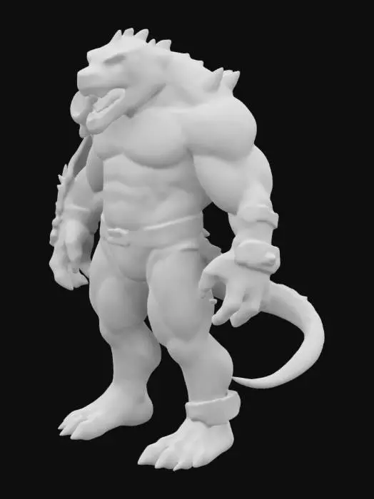 3D model for The object is a bulky, humanoid creature with a muscular build, large hands and feet, textured red-white skin, and mechanical details such as armor and wires integrated into its body., REPTILE HEAD, EVIL LOOKING