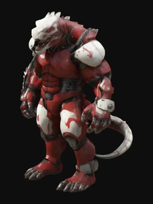 3D model for The object is a bulky, humanoid creature with a muscular build, large hands and feet, textured red-white skin, and mechanical details such as armor and wires integrated into its body., REPTILE HEAD, EVIL LOOKING