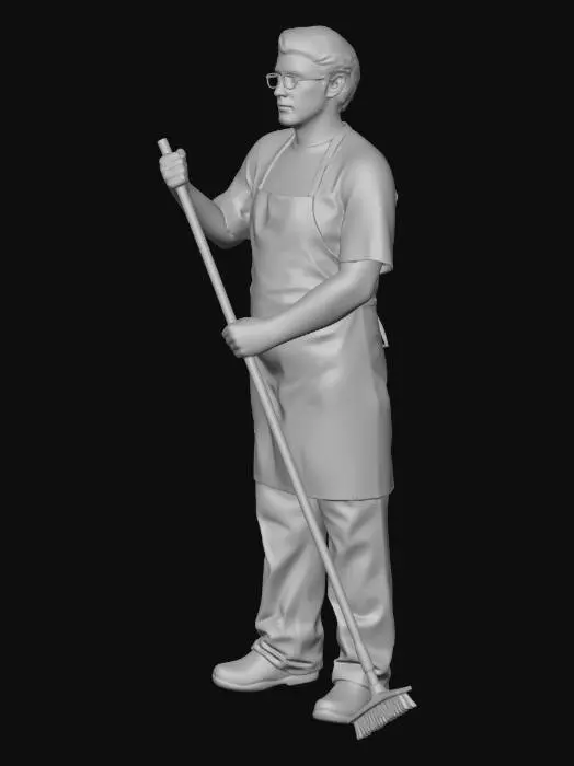 3D model for agent d'entretien avec charlotte sur la tête tenant un ballait